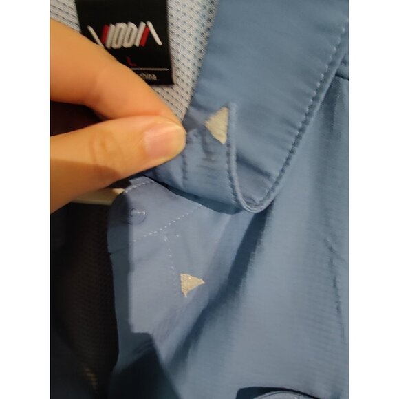 Viodia Blue Long Sleeve Fishing Shirt Roll Tab Snap Button Zip Pockets L - Picture 10 of 12